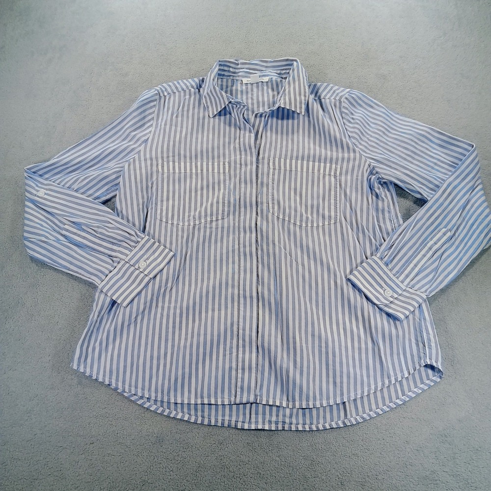 beachlunchlounge Women Shirt Blue White Striped Medium Roll Tab Button Down